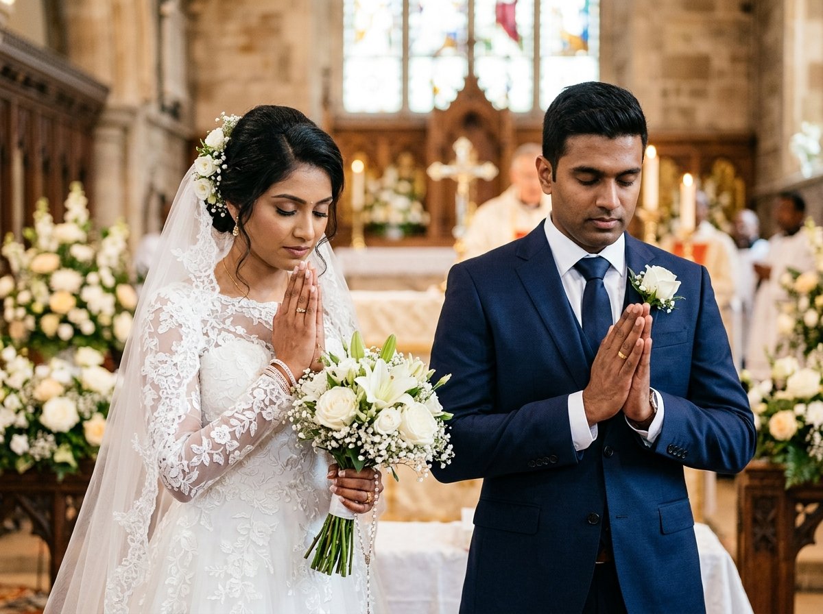 Indian Christian Bride in Gown and Groom Praying in Church
